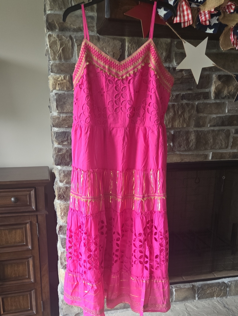 Bright Hot Pink Eyelet Midi Sundress with Gold Trim
